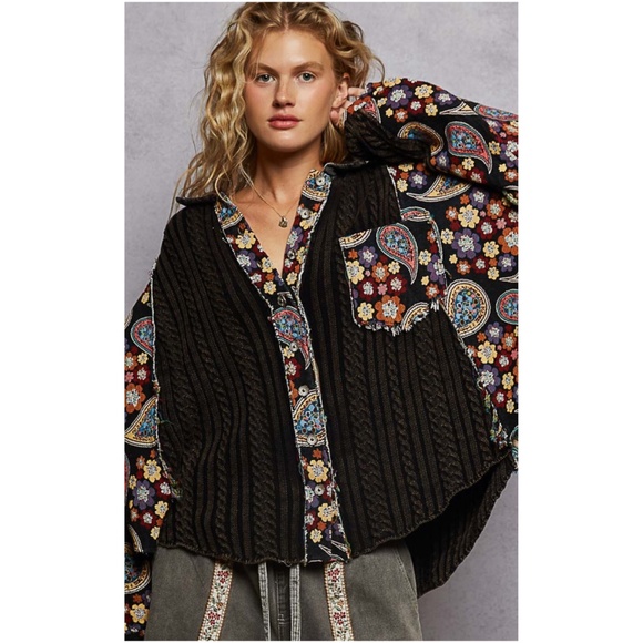 POL Floral Print Tapestry Button Down Cable Knit Loose Fit Shirt - Picture 3 of 4